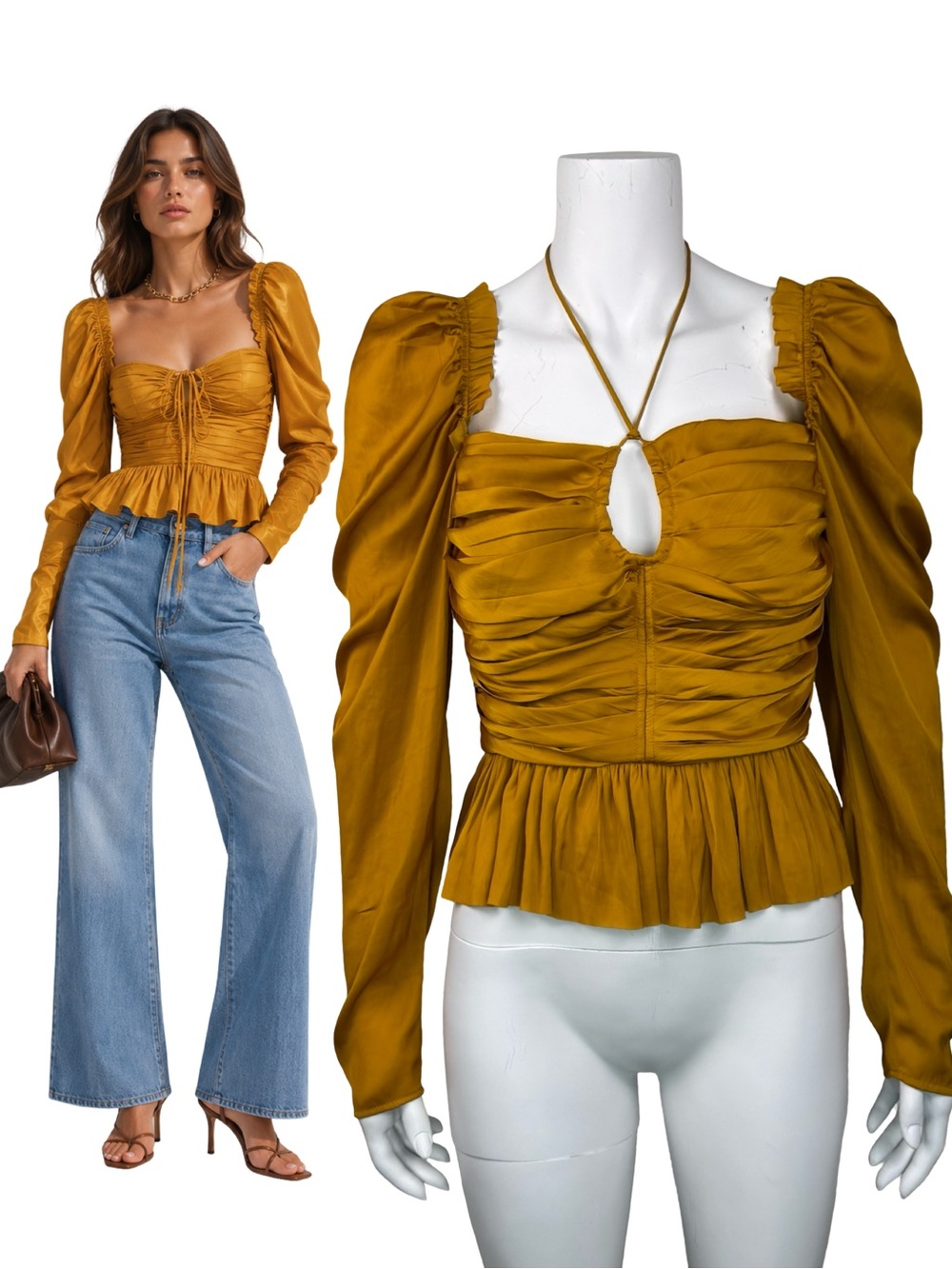 $495 Ulla Johnson Mirelle Plissé Satin Peplum Blouse Top Gold Size 4 Small